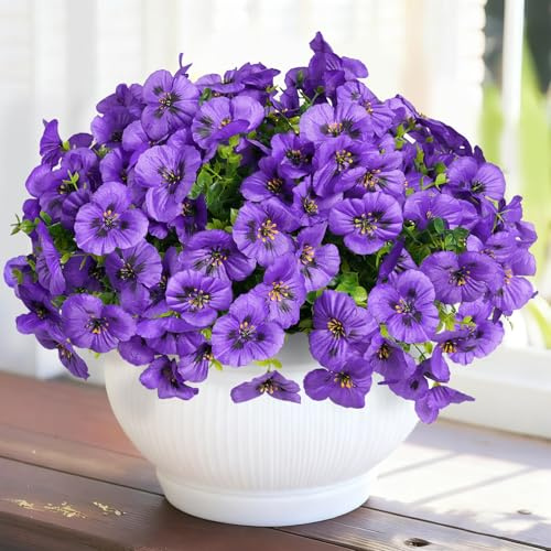 SupBri 12 Bundles Artificial Flowers for Outdoor, UV Resistant Fake Pansy Flowers, Silk Faux Fowers for Outdoor Planters Home Garden Office Patio Front (Purple)