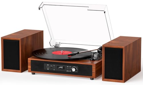 Vinyl Record Player with 4+2 External Stereo Speakers, Bluetooth 3-Speed Belt-Drive Turntable, HiFi Sound, USB/SD Recording, RCA & AUX-in, Headphone Out Vintage Brown Wood