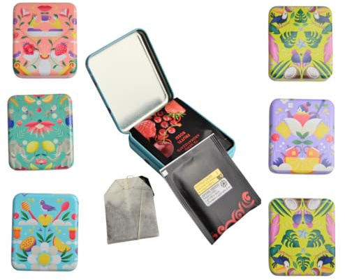 120 BUSTINE DI Tè ASSORTITO + 5 SCATOLE PORTA FILTRI DEL Tè IN LATTA CON ILLUSTRAZIONI COLORATE DA PORTARE SEMPRE CON TE NEI TUOU VIAGGI