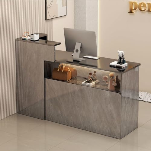 BVCL Mostrador Recepción Moderno en MDF, con Cajones con cerraduras y armarios con Puertas, Luces LED, para Oficina, Salón, Tienda o Vestíbulo Derecha(Gray - Left,100cm)