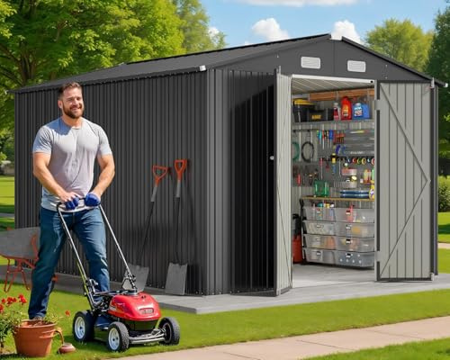Gizoon 10x10 FT Outdoor Storage Shed, Large Utility Metal Tool Shed with Lockable Double Doors & 4 Air Vents, Waterproof Heavy-Duty Garden Shed for Backyard, Patio, Lawn (Grey)