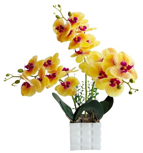 Orchids Artificial Flowers 19.7in 18Petals Faux Orchid with Pot,Yellow | Three-pronged, 18Petals,Phalaenopsis Orchid, White Plastic Square Pot, 3D Printed Fake Orchids, Home Living Room Decoration