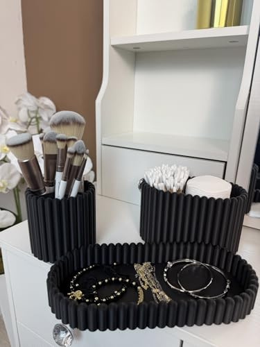 Generisch 3-teiliges Kosmetik Organizer Set – Make-up Pinselhalter, Wattestäbchen Box & Schmuckablage – Modernes Rillen-Design für Badezimmer & Schminktisch (Schwarz)