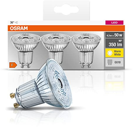 Osram LED BASE PAR16 Riflettore LED non dimmerabile, vetro, Bianco caldo, GU10, 4.3 W, Set di 3