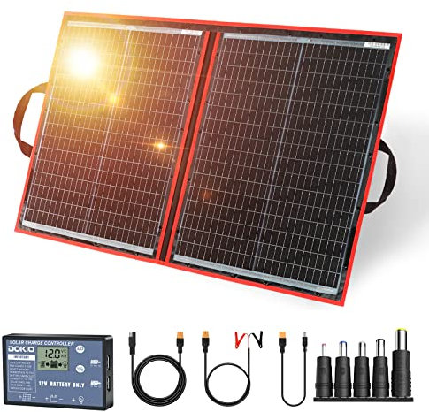 DOKIO 100W 18V Faltbar Solarmodule Monokristalline mit Solarregler(Lcd-Anzeige + 2 Usb-Ausgang) FüR 12v Batterie, AGM, Gelbatterie, SäUrebatterie, Generatoren