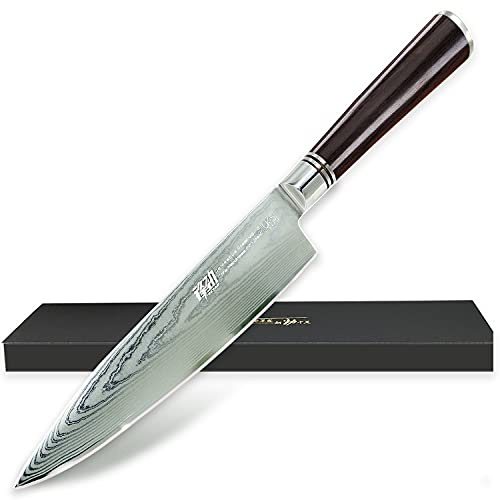 UK-S Art Hochwertiges Damast Küchenmesser 20 cm Klinge, Chef-Messer, Kompromisslos Scharf, 67 Lagen Japanischer VG-10 Stahl, Eleganter Griff aus Wertvollem Ebenholz.