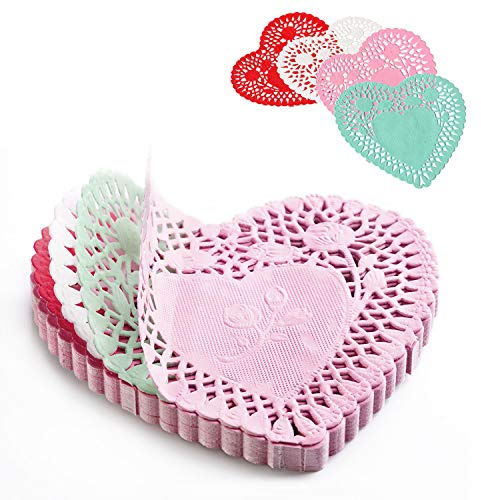 Heart Doilies: Elegant Paper Doilies for Crafts and Valentines 4 inch - 100 Pcs of Paper Heart Doilies in Red, Pink, White, Blue (25 Each) - Perfect for creative decorations.