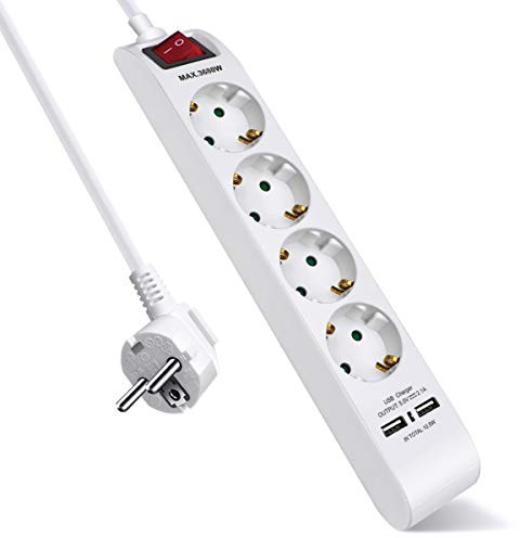 EXTRASTAR 4 Fach Steckdosenleiste mit 2 USB & Schalter, 1.5m Kabel, Weiß | Mehrfachsteckdose mit Kindersicherung, Steckerleiste 16A, 3680W, für Zuhause, Büro