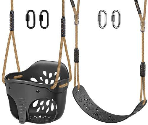 SELEWARE Set di accessori per altalena per bambini, con schienale alto, con corda regolabile e 4 moschettoni di bloccaggio, design carino a forma di elefante, capacità 272 kg (confezione da 2)