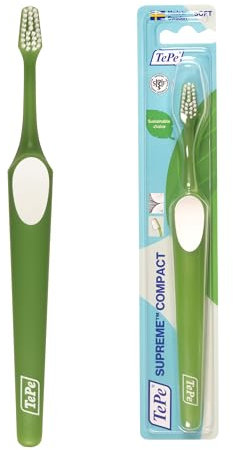 Brosse à dents TePe Supreme Compacte, Souple, Couleurs assorties, 1pc, brins sur deux niveaux pour un nettoyage précis, petite tête de brosse, également adaptée aux enfants