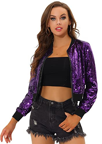 Allegra K Damen Pailletten Bomberjacke | Langarm Glitzer Party Jacke