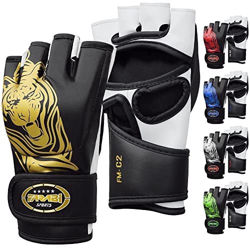 Farabi Sports MMA Gloves Ventilated Open Palm Sparring Gloves for Men & Women Cage Fighting Grappling Kickboxing Punching Training Mix Martial Arts Gloves (L/XL, Black/Gold)