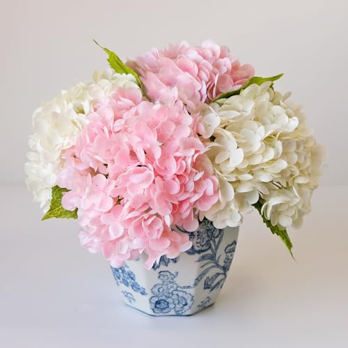 Ruzuqe Hortensien, künstliche Blumen, 2 weiße + 2 rosa 53,3 cm langer Stiel, lebensecht, fühlt sich echt an, Latex, für Heimdekoration, Brautstrauß, Hochzeitsdekoration, 4 Stück