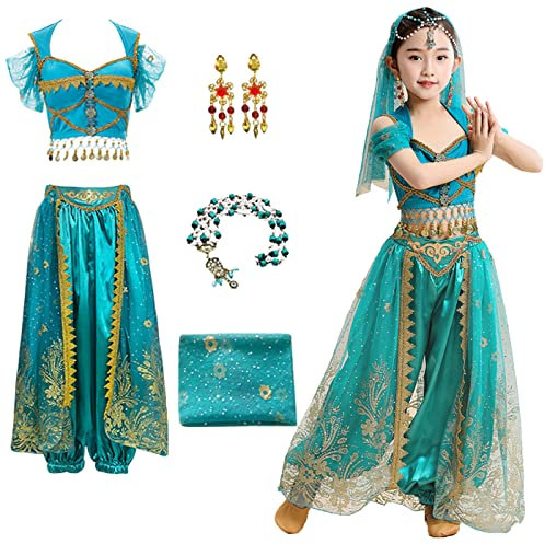 YEAJION Damen Prinzessin Jasmin Kostüm mit Zubehör Prinzessin Aladdin Cosplay Kostüm Bauchtanz Outfit Halloween Karneval Party Bühnenauftritt Kostüm für Erwachsene