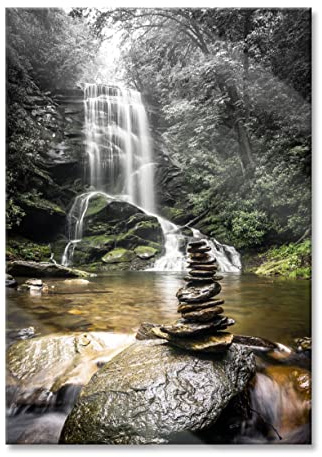 Pixxprint Glasbild, Wandbild aus Echtglas, Zen Steine vor Wasserfall, 40x60 cm, inkl. Aufhängung und Abstandshalter