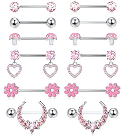 Kakonia 6Paar 14G Nippelringe für Frauen Damen 316L Edelstahl Blume Herz Pilz CZ Pink/Weiß Langhantel Nippelringe Set Fashion Nippelring Piercingschmuck