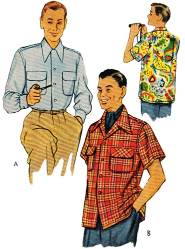 1950-tals sömnadsmönster, herrskjorta – bröst: 96 cm – 101 cm (38 – 40 tum)