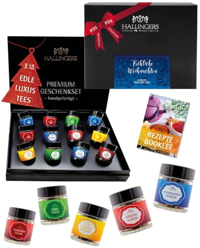Hallingers Genuss Manufaktur Tee Weihnachts-Geschenk-Set - 12 Sorten premium loser Tee Probierset in edler Geschenkbox mit Rezept-Booklet Fröhliche Weihn..., Weihnachten für Frauen Männer