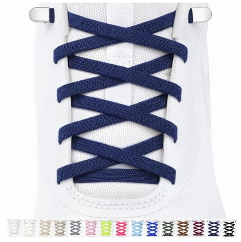 Stepace 2 Pares Cordones Elásticos sin Atar Planos de 6mm, Cordones de Zapatos Ajustables con Cierre de Metal para Niños, Adultos, Sneakers, Running y Triatlón Azul Marino 120