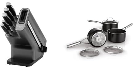 Ninja Foodi StaySharp Knife Block with Integrated Sharpener, 5-Piece Knife Set & ZEROSTICK Essentials Cookware 3-Piece Saucepan Set with Glass Lids, Non-Stick, Long Lasting, Forged Aluminium Pan