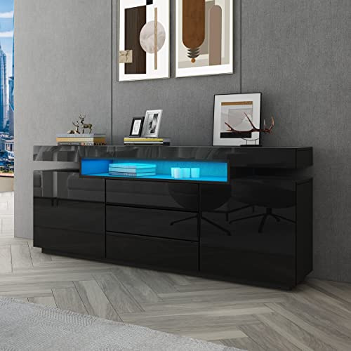 Sideboard Buffet Cabinet Cupboard with Led Light High Gloss Front Black | 160*35*72cm, 1 Open Unit, 5 Drawers, 3 Doors, TV Stand, TV Unit, TV Cabinet, TV Console For Living Room Bedroom Home Office