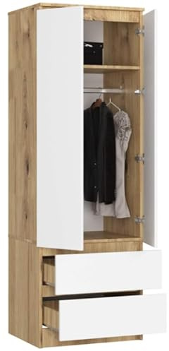 BDW Kleiderschrank mit 2 Türen, 2-türiger Kleiderschrank, 2 Schubladen - Aufbewahrungsschrank - Moderner Schrank für Schlafzimmer, Wohnzimmer, Flur, Kinderzimmer - 180x60x51cm - Artisan Eiche Weiß