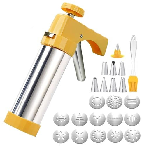 JODAIS Stainless Steel Cookie Press Gun, Cookie Mold Discs Cake Decorating Tools with 8 Piping Nozzles and 13 Biscuit Discs, Biscuit Maker Kit Cookie Press Machine