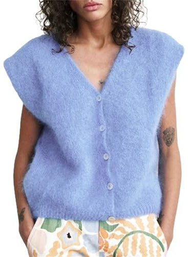 Damen Y2K Strickweste Elegante ärmellose Weste mit Taschen Herbst-Strickjacke Ausgeh-Pulloverweste, E-sky Blue, M