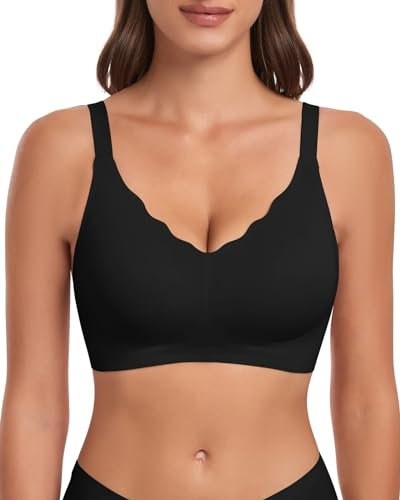 WOWENY Padded Non Wired Bras for Women Comfort Bras with Support Seamless Bralettes Tshirt Bra Wavy V Neck Everyday Bras(Black, XL)