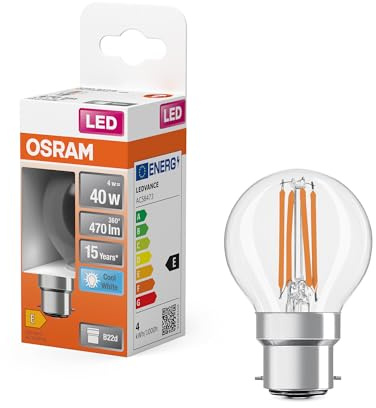 Osram LED Star Classic P 40 LED-Lampe in klassischer Miniballform, 4 W / 470 lm, kaltweißes Licht bei 4000 K, CRI 80, aus bleifreiem Klarglas, B22d Sockel, EEK E, 45 mm Durchmesser