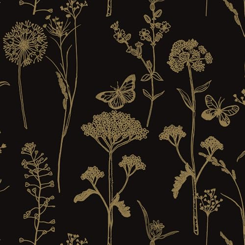 Timeet Self Adhesive Wallpaper Black 44x300CM Peel and Stick Wallpaper Floral and Butterfly Sticky Back Plastic Vinyl Wrap Waterproof Contact Paper for Bedroom Living Room Wall Cabinet