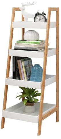 Trapezoidal Storage Rack Bamboo 4-Tier Ladder Shelf, Free Standing Organizer Storage Shelves, Wall-Leaning Bookshelf, Plant Flower Stand, Storage Display Shelves for Living Room Bathroom Office Storag