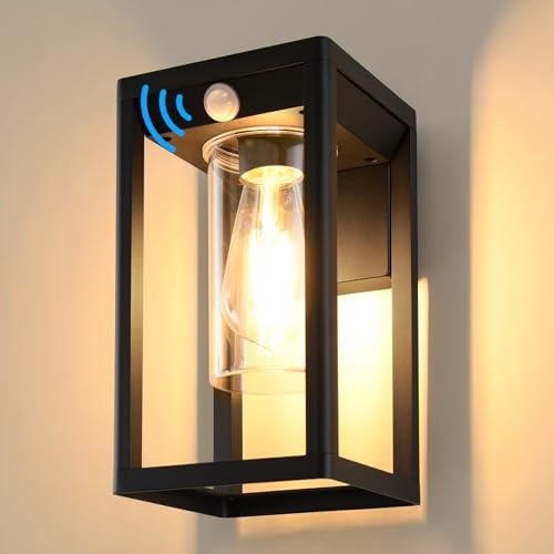 BRIMMEL Appliques Murales Extérieures avec Détecteur de Mouvement, Lanterne Murale Noire pour Extérieur, Aluminium Étanche IP54 et Anti-Rouille pour, Porche, Ampoule non Incluse