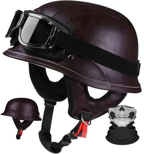 Vintage Jethelm Motorrad ECE-Zugelassen, Retro Motorradhelm Lederoptik mit Schutzbrille, Cafe Racer Chopper Roller Helm für Damen Herren, Herausnehmbares Innenfutter M–XL
