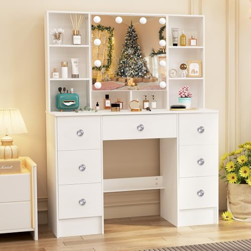 Teousev Schminktisch mit Beleuchtung und Spiegel, Einstellbarer Helligkeit, Frisiertisch mit Hocker, Kosmetiktisch mit 7 Schubladen und 6 Ablagen, 100X40X140Cm, Weiß, J4719
