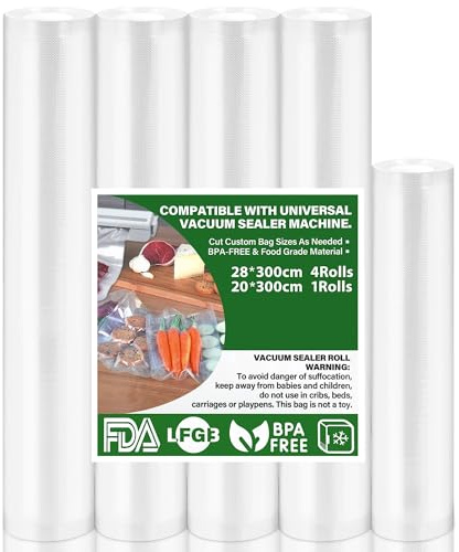 Vakuumpåsar 5 rullar Vakuumpuskar Mat 20|28x300cm, Vakuumfolie för alla Vakuumförpackare, Vakuumpåse BPA-fri, rivtålig, 190 µm, Sous Vide fryspåse för alla Mikrovågsugnar