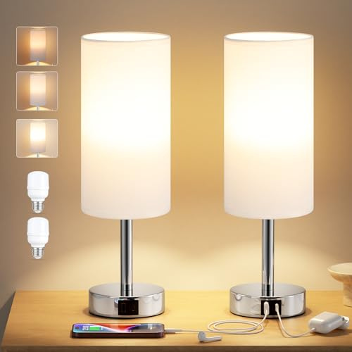 Aooshine White Bedside Lamps Set of 2, Dimmable Table Lamps for Bedroom, Silver Base(Bulb Included)