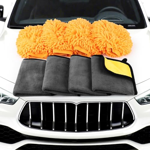 8 Pezzi Kit Pulizia Auto, MXTIMWAN 4 Pezzi Guanto Lavaggio, 4 Pezzi Panno Asciugatura, 600 GSM Panno Asciugatura di Pulizia in Microfibra Superfine, Panni Stracci Pulizia Vetri Cucina Bagno