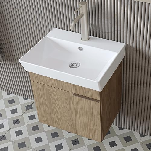 ROOMART LYCIA - Set di mobili da bagno, 50 cm, con lavabo in ceramica, armadietto a specchio, mobile laterale, mobili da bagno in 4 colori (rovere, base con lavandino)