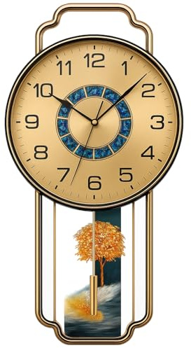 JRose Collections Reloj de pared decorativo dorado con péndulo, 70 x 30 cm, movimiento de cuarzo silencioso, números arábigos, diseño artístico de árbol, sin tictac, para salón, pasillo, oficina
