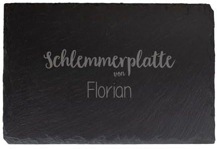 Herz & Heim® Personalisierte Schieferplatte – Servierplatte 30×20 cm mit Gravur – individuell gestaltbar – Dekoplatte aus Naturschiefer als Geschenk für Hochzeit, Geburtstag, Party (Schlemmerplatte)