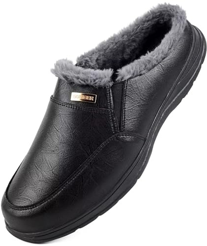 GURGER Chaussons Homme Cuir Hiver Chaud en Fourrure Mules et Sabots Peluche Intérieur Extérieur Pantoufles da Maison en Caoutchouc Antidérapantes, Noir Taille 44
