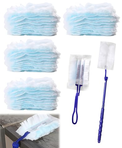 SEESUNO 50 Pcs Duster Refills for Magnet Dusters, with 1 Standard Handle & 1 Telescopic Pole, Disposable Dust Magnet Refills, Pet Hair for Home, Office Cleaning
