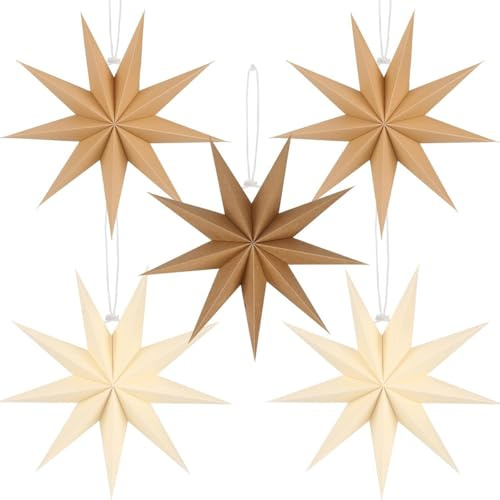 5 Stück Weihnachtsdeko, Papiersterne Weihnachten Braun, 30cm Khaki 9 Zacken Papiersterne zum Aufhängen, Weihnachtsstern, Weihnachten Dekoration für Hochzeit Geburtstag Tischdeko Weihnachts Dekoration