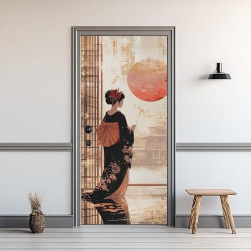 Türtapete Selbstklebend 100x200 Japanische Mädchen Türfolie Mädchen Türaufkleber Fototapete 3D Effekt Türklebefolie Türposter für Innentür Schlafzimmer Bad Dekoration A-1512
