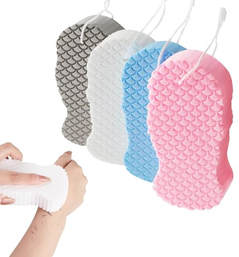 lioewhu Lot de 4 Éponge de Gommante Douche Réutilisable, Éponge de Bain Exfoliante, Éponge Visage et Corps Douce, Accessoire Douche Exfoliant, pour Nettoyer le Dos, Coudes et Pieds