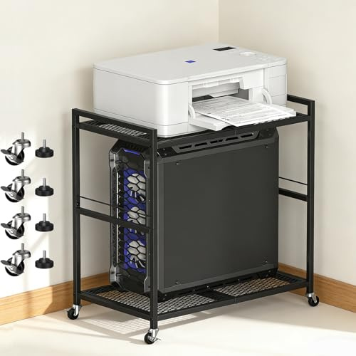 UOMIO 2 Stöckiger PC Ständer Schwarz Druckertisch mit Rollen Verstellbaren Füßen Mobiler PC Schrank Computer Stand für Büro Zuhause Aufbewahrung