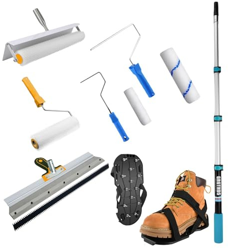 Self-Levelling Cement Tool Kit,Spiked Screeding Compound Roller,Extension Pole,Roller Brush,Spiked Shoes,Stainless Steel Scraper Self-Leveling Rake,Epoxy Floor Tools for Self Leveling Cement