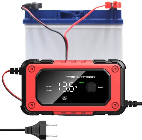 Cargador De Batería De Coche - Cargador de Mantenimiento Inteligente 12V y 6A - Pantalla LCD Mantenedor Automático Desulfatador | para Moto Quad Camión Coche Garaje Exterior Vehículos