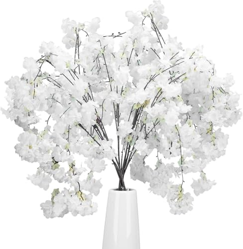 Minnhua 6PCS Fleur De Cerisier Artificielle 134cm Fleurs Artificielles Cerisier Blanc Fleur Cerisier Artificielle Sakura Bouquet de Fleur en Soie Fausse Fleur Decoration Artificielle Blanche
